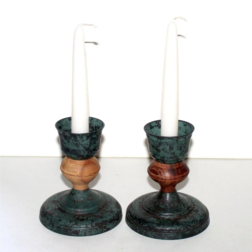 Vintage Pier 1 pair Candle Holder brass wood green house decor boho eclectic